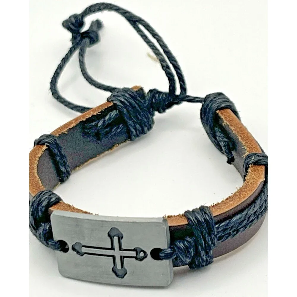 Lot of 2 Faux Leather Cross Adjustable Bracelet Set Dark Brown & Light Brown